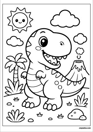 Cute T-Rex Coloring Page with a smiling dinosaur character and cheerful prehistoric-themed scene