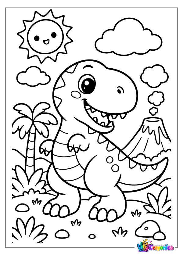 Cute T-Rex dinosaur with volcano, palm tree, and prehistoric scenery coloring page for kids
