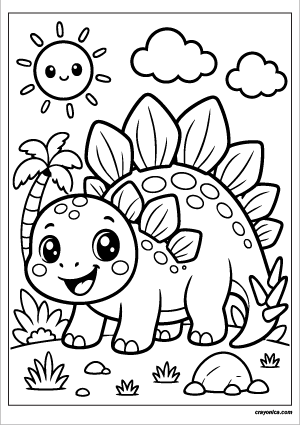 Cute Stegosaurus Coloring Page with a smiling dinosaur character and cheerful prehistoric-themed scene
