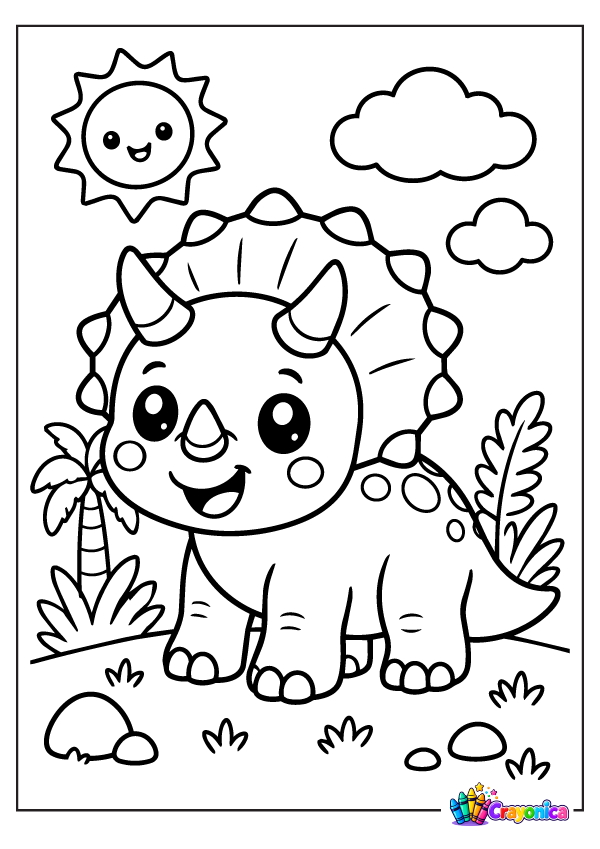 Cute Triceratops dinosaur with palm tree, plants, clouds, and smiling sun coloring page for kids