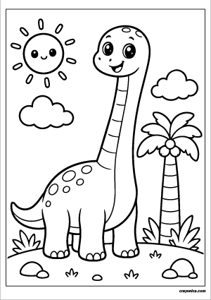 Cute Brachiosaurus Coloring Page with a smiling dinosaur character and cheerful prehistoric-themed scene