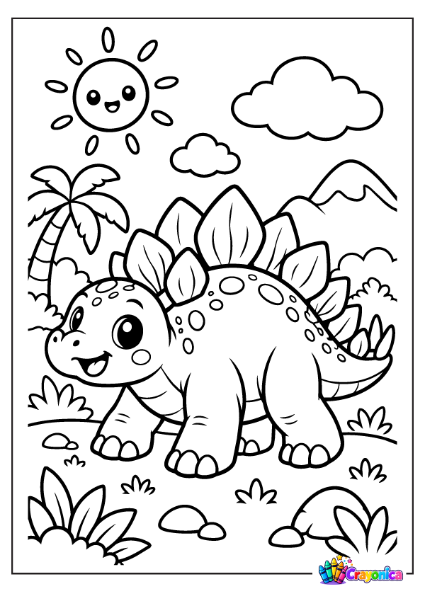 Cute Stegosaurus dinosaur with large plates, palm tree, plants, and clouds coloring page for kids