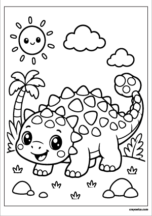 Cute Ankylosaurus Coloring Page with a smiling dinosaur character and cheerful prehistoric-themed scene
