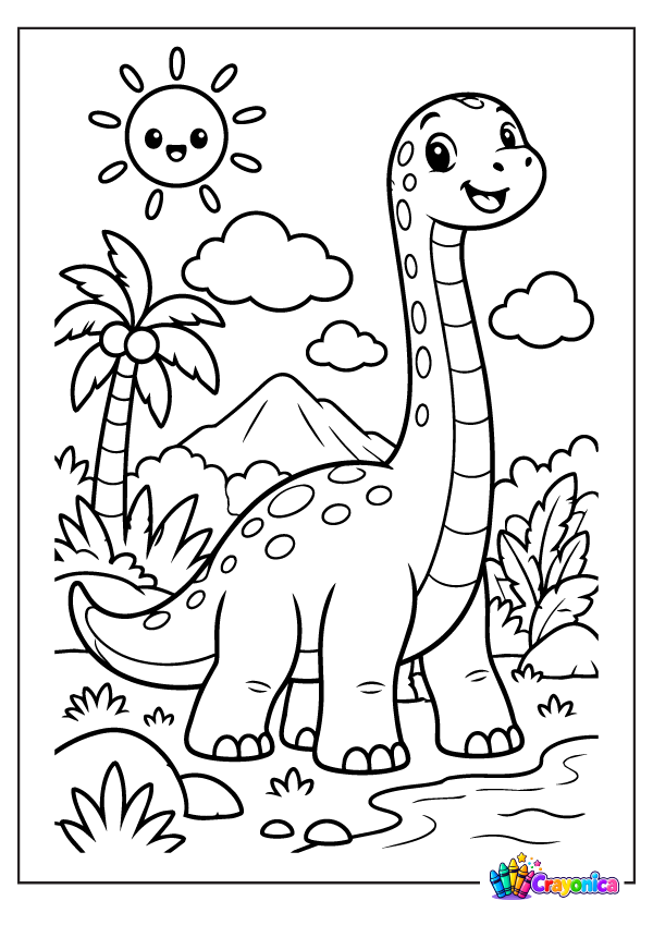 Cute Brachiosaurus dinosaur with long neck, palm tree, clouds, and simple scenery coloring page for kids
