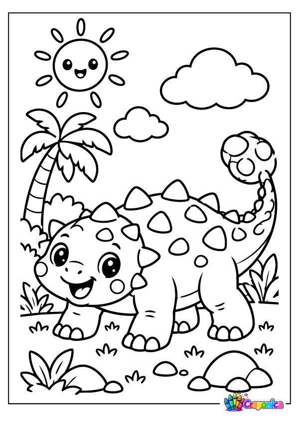 Cute Ankylosaurus dinosaur with armored back, palm tree, plants, and rocks coloring page for kids