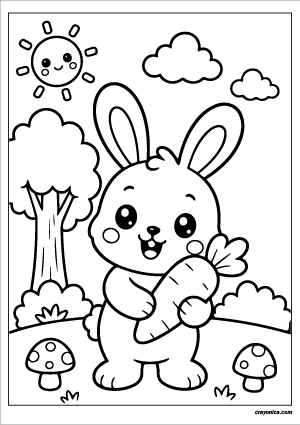 Cute forest rabbit coloring page featuring a kawaii bunny holding a carrot with a smiling sun, tree, clouds, and mushrooms.