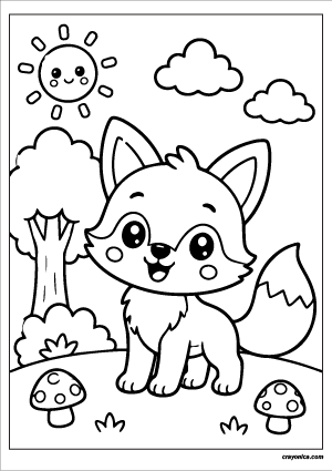 Cute forest fox coloring page featuring a kawaii fox in a woodland setting with a smiling sun, tree, clouds, and mushrooms.