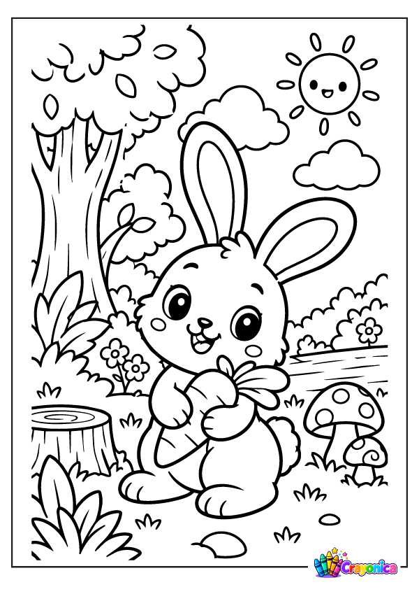 Cute forest rabbit holding a carrot with trees, clouds, mushrooms, and a smiling sun in a coloring page