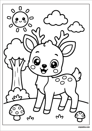 Cute forest deer coloring page featuring a kawaii deer in a woodland setting with a smiling sun, tree, clouds, and mushrooms.