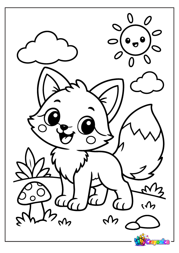 Cute cartoon fox standing in a forest with a fluffy tail, trees, mushrooms, clouds, and a smiling sun