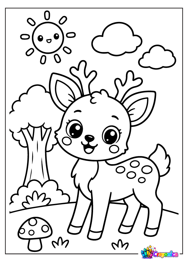 Cute baby deer with little antlers and spotted fur standing beside a tree, mushrooms, and clouds