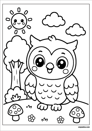Enjoy a Cute Forest Owl Coloring Page featuring an adorable woodland owl, smiling sun, and forest scenery for a fun and creative coloring activity.