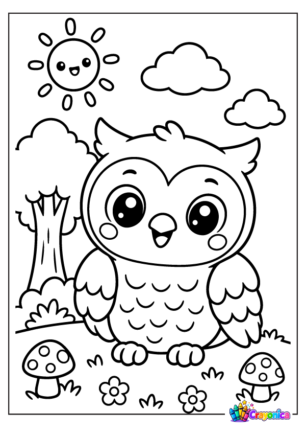 Cute cartoon owl with big eyes and layered feathers sitting in a forest clearing with trees, mushrooms, flowers, and clouds