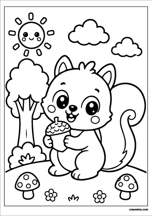 Cute forest squirrel coloring page featuring a kawaii squirrel in a woodland setting with a smiling sun, tree, clouds, and mushrooms.