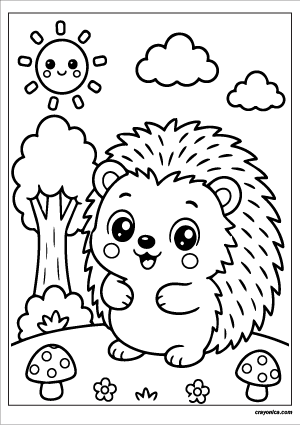 Cute forest hedgehog coloring page featuring a kawaii hedgehog in a woodland setting with a smiling sun, tree, clouds, and mushrooms.