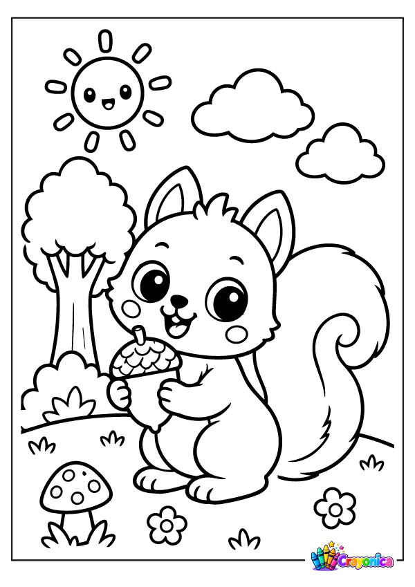 Cute cartoon squirrel holding an acorn with a fluffy curled tail, trees, mushrooms, flowers, and clouds