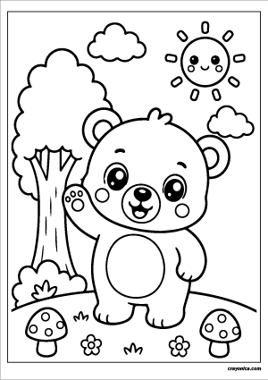 Cute forest bear coloring page featuring a kawaii bear in a woodland setting with a smiling sun, tree, clouds, and mushrooms.