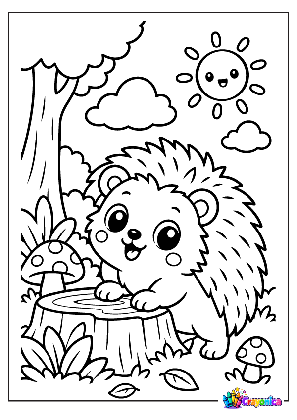 Cute cartoon hedgehog with a spiky back standing in a forest clearing with trees, mushrooms, flowers, and clouds