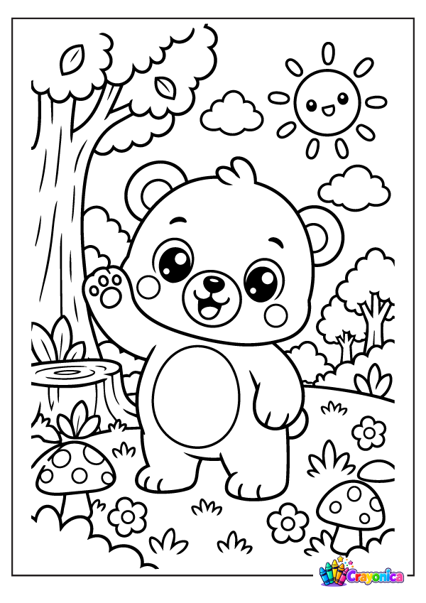 Cute cartoon bear waving in a forest clearing with trees, mushrooms, flowers, clouds, and a smiling sun
