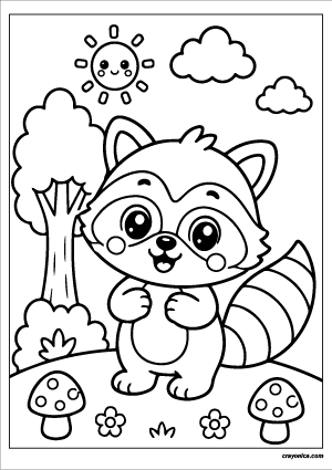 Cute forest raccoon coloring page featuring a kawaii raccoon in a woodland setting with a smiling sun, tree, clouds, and mushrooms.