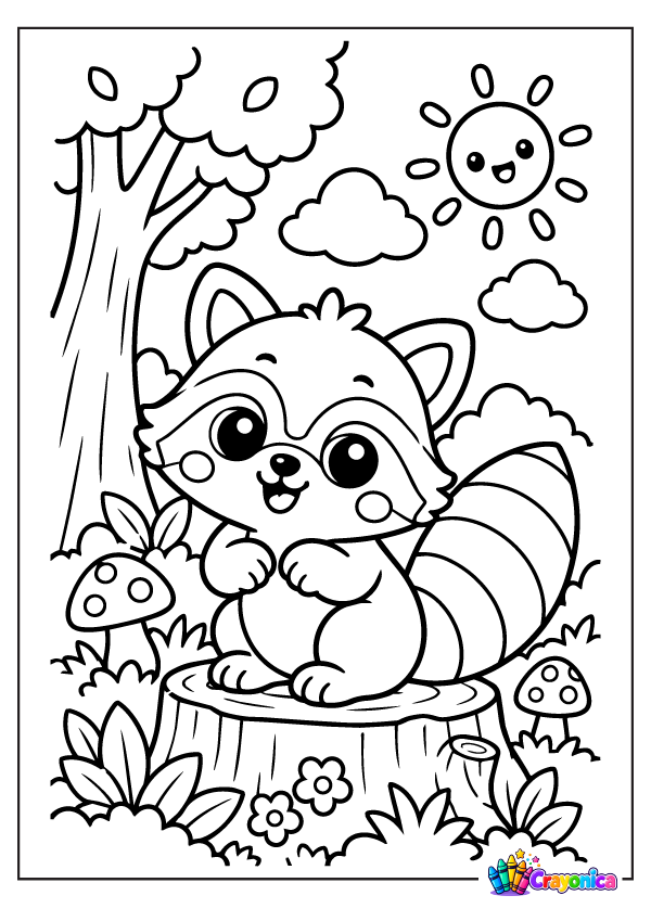 Explore a cute forest raccoon coloring page with a striped tail, curious face, trees, and mushrooms. A playful woodland adventure for little artists.