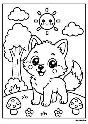 Cute forest wolf coloring page featuring a kawaii wolf in a woodland setting with a smiling sun, tree, clouds, and mushrooms.