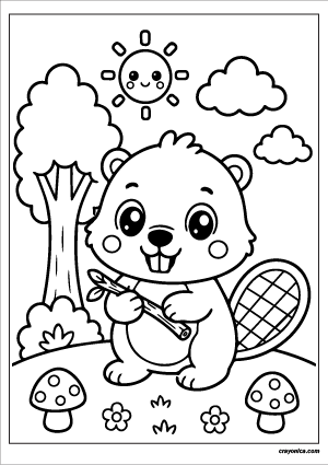 Cute forest beaver coloring page featuring a kawaii beaver in a woodland setting with a smiling sun, tree, clouds, and mushrooms.