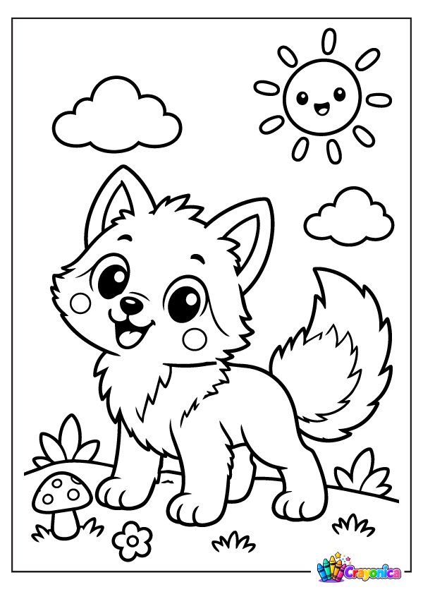 Cute cartoon wolf pup with a fluffy tail standing in a forest clearing with trees, mushrooms, flowers, and clouds