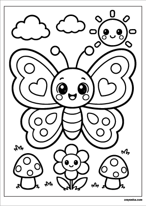 Cute butterfly coloring page featuring a kawaii butterfly with large wings, smiling sun, clouds, and nature elements.
