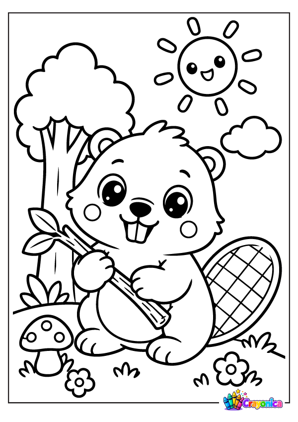 Cute cartoon beaver holding a branch with a wide flat tail in a forest clearing with trees, mushrooms, flowers, and clouds
