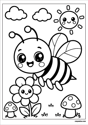 Cute bee coloring page featuring a kawaii bee with smiling face, fluffy clouds, flowers, and a cheerful sun.