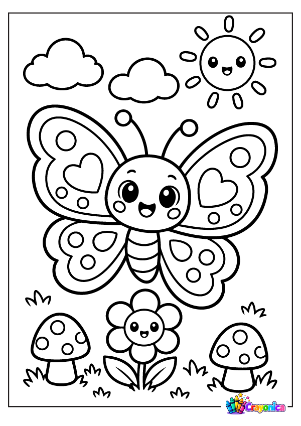 Cute cartoon butterfly with patterned wings, a smiling face, flowers, mushrooms, clouds, and a smiling sun