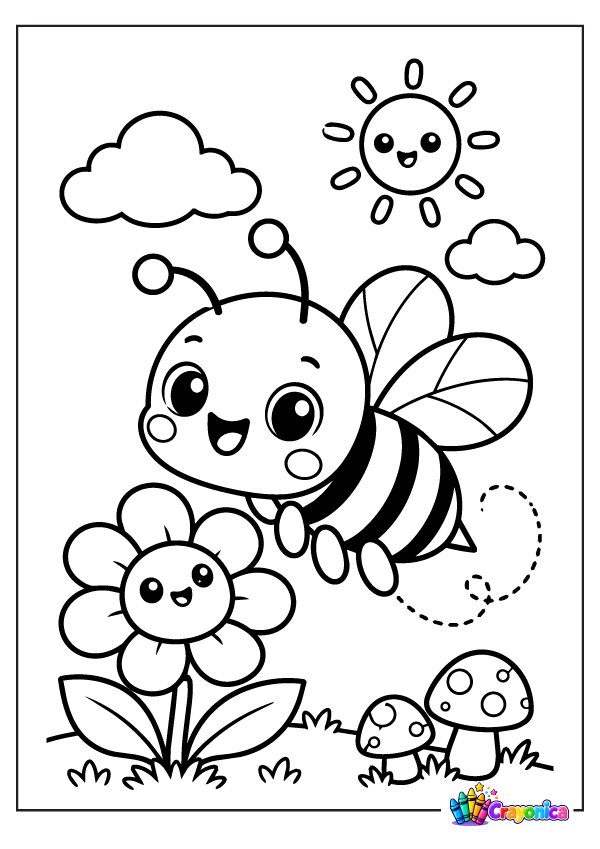 Cute cartoon bee with a striped body and wings flying above a smiling flower with mushrooms, clouds, and a smiling sun