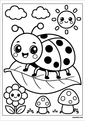 Cute ladybug coloring page featuring a kawaii ladybug with smiling face, flowers, clouds, and a cheerful sun.