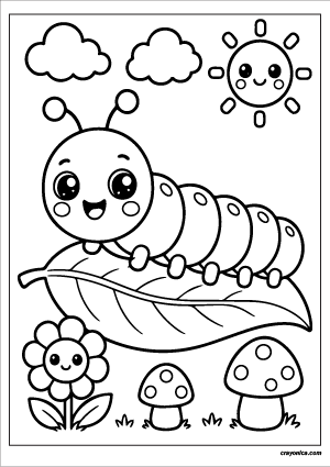 Cute caterpillar coloring page featuring a kawaii caterpillar with smiling face, flower, clouds, and cheerful sun.