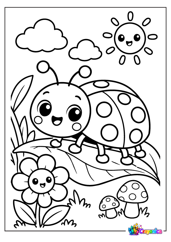 Cute cartoon ladybug with black spots standing on a large leaf, surrounded by a smiling flower, mushrooms, clouds, and sun