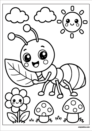 Cute ant coloring page featuring a kawaii ant with smiling face, flowers, clouds, mushrooms, and cheerful sun.
