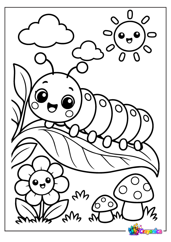 Cute cartoon caterpillar with a segmented body crawling across a large leaf beside a smiling flower, mushrooms, clouds, and sun