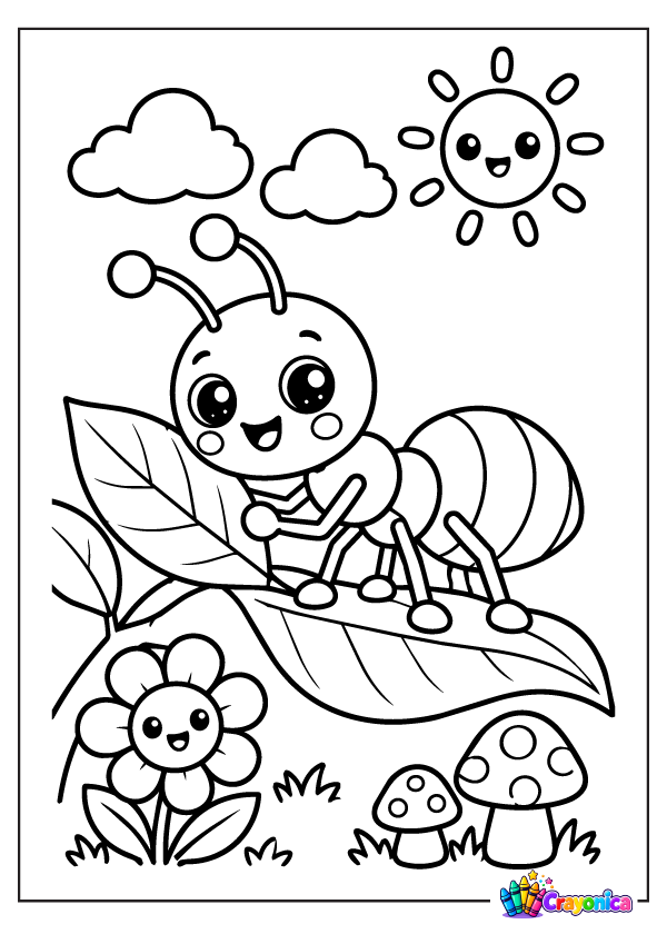 Cute cartoon ant with antennae and six legs standing on a leafy branch beside a smiling flower, mushrooms, clouds, and sun