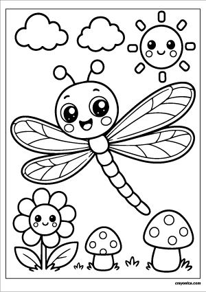 Cute dragonfly coloring page featuring a kawaii dragonfly with smiling face, flowers, clouds, mushrooms, and cheerful sun.