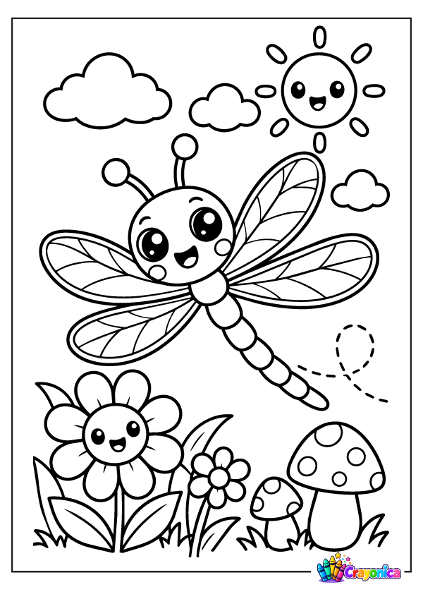 Cute cartoon dragonfly with four patterned wings and a segmented tail flying above a flower and mushrooms under a smiling sun