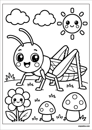 Cute grasshopper coloring page featuring a kawaii grasshopper with smiling face, flowers, clouds, mushrooms, and cheerful sun.