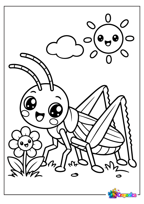 Cute cartoon grasshopper with long antennae and bent hind legs standing in a garden with flowers, mushrooms, clouds, and a smiling sun