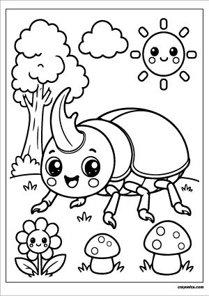 Cute rhinoceros beetle coloring page featuring a kawaii beetle with a large horn, smiling face, mushrooms, clouds, and cheerful sun.