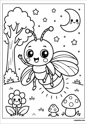 Cute firefly coloring page featuring a kawaii firefly with a smiling face, glowing tail, mushrooms, clouds, and a cheerful sun.