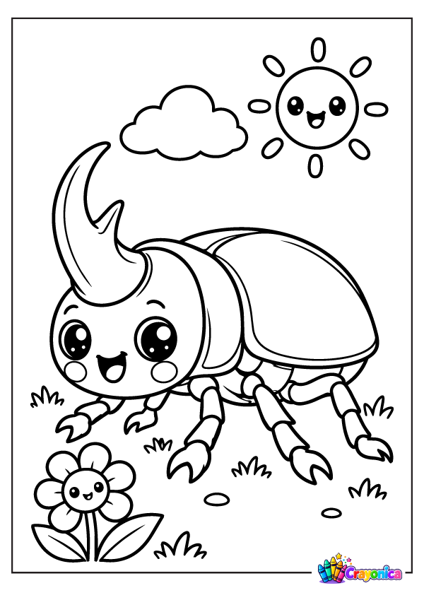 Cute cartoon rhinoceros beetle with a curved horn, rounded shell, and sturdy legs in a woodland clearing with a tree, flowers, and mushrooms