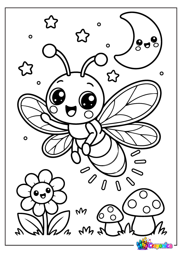 Cute cartoon firefly with a glowing abdomen, delicate wings, and smiling face flying beneath a crescent moon among stars, trees, and flowers