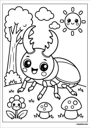 Cute stag beetle coloring page featuring a kawaii stag beetle with large antler-like jaws, smiling face, mushrooms, clouds, and cheerful sun.