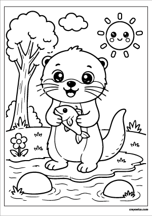 Cute otter coloring page featuring a kawaii otter with a smiling face, river scenery, clouds, and a cheerful sun.