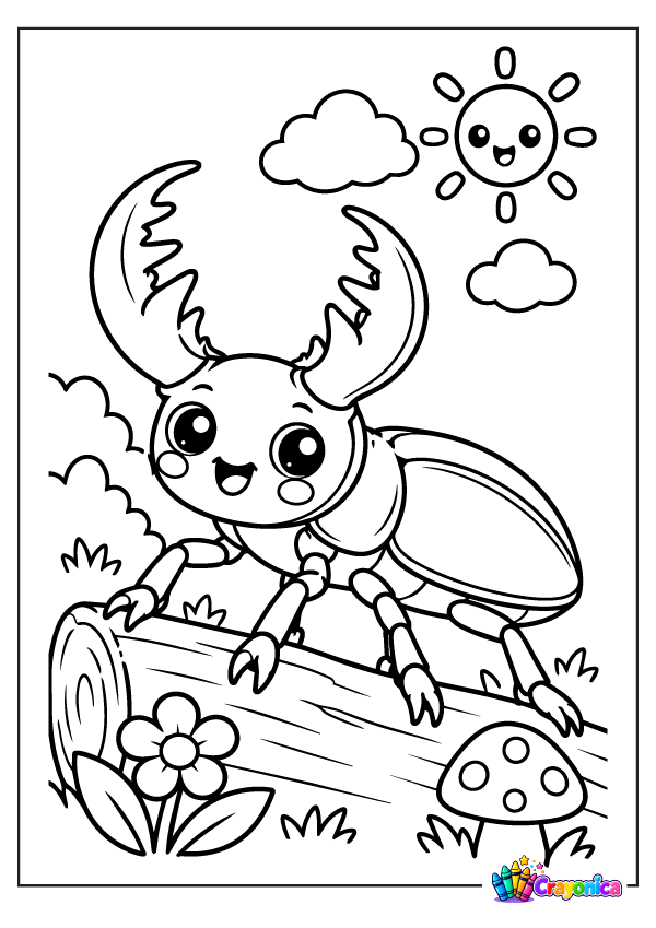 Cute cartoon stag beetle with large curved mandibles, six legs, and a rounded shell standing near a tree, flowers, and mushrooms